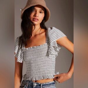 Maeve by Anthropologie Smocked Flutter Sleeve Crop Top Black White Plaid XS